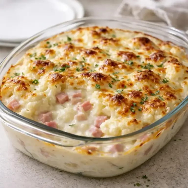 Blumenkohl-Gratin mit Schinkenwürfeln und leichter Béchamelsauce