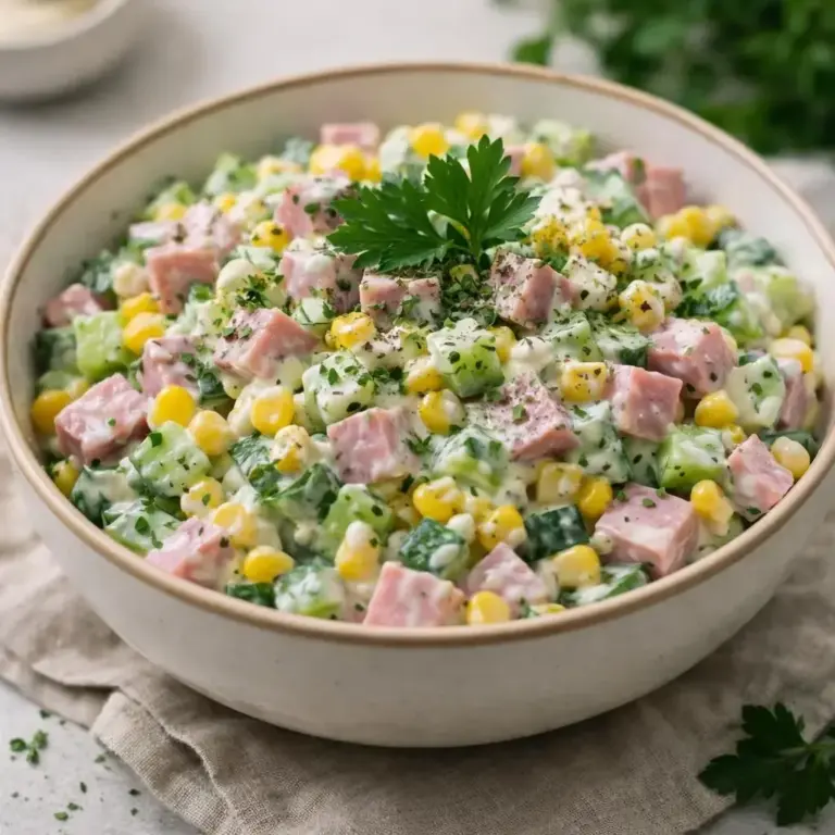 Frischer Salat mit Schinken, Gurken und Mais in cremiger Zitronensauce